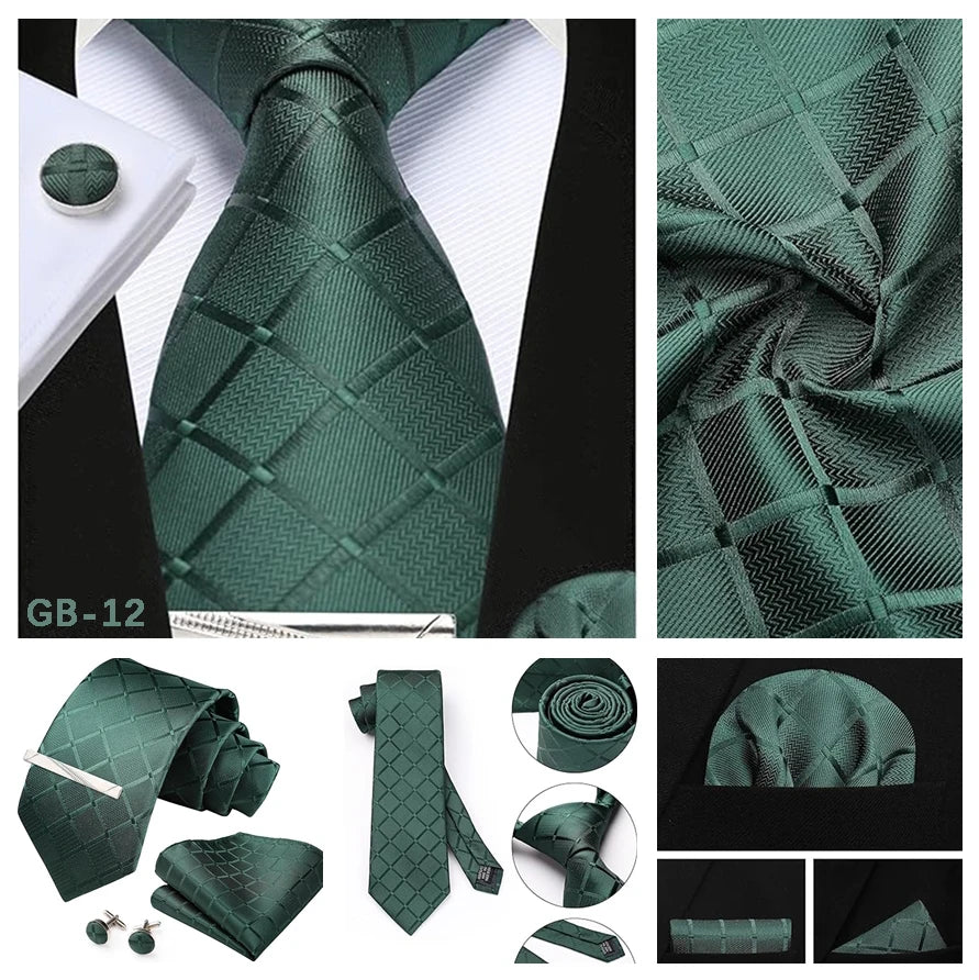 100% Silk Plaid & Checkered Men’s Tie Set with Pocket Square, Tie Clip & Cufflinks. Business & Wedding Necktie Gift Set  Optimized Description