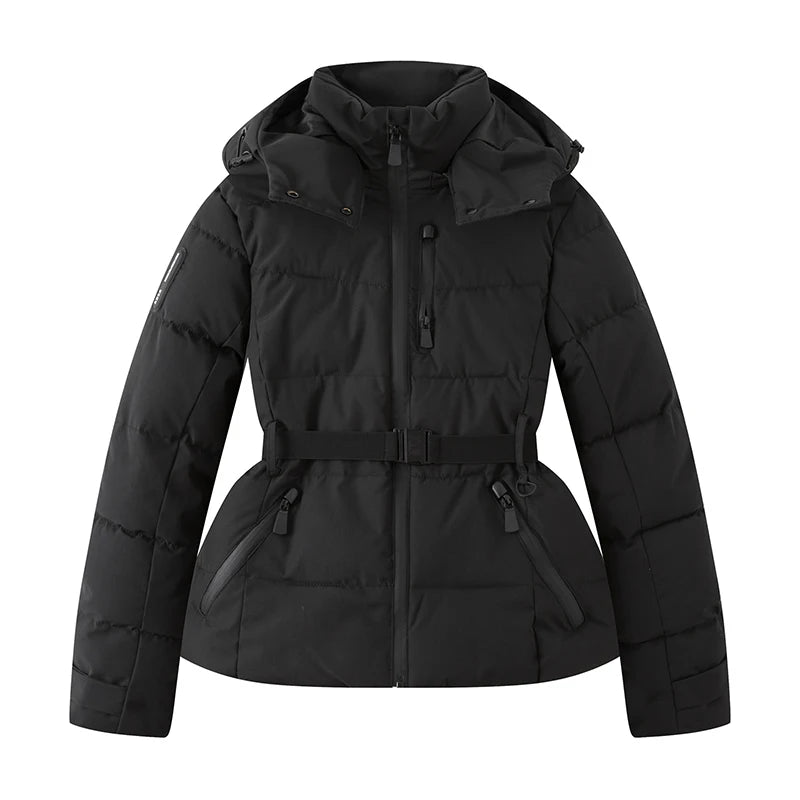 Women's Winter Hooded Puffer Jacket. High-Waist Belted Warm Coat