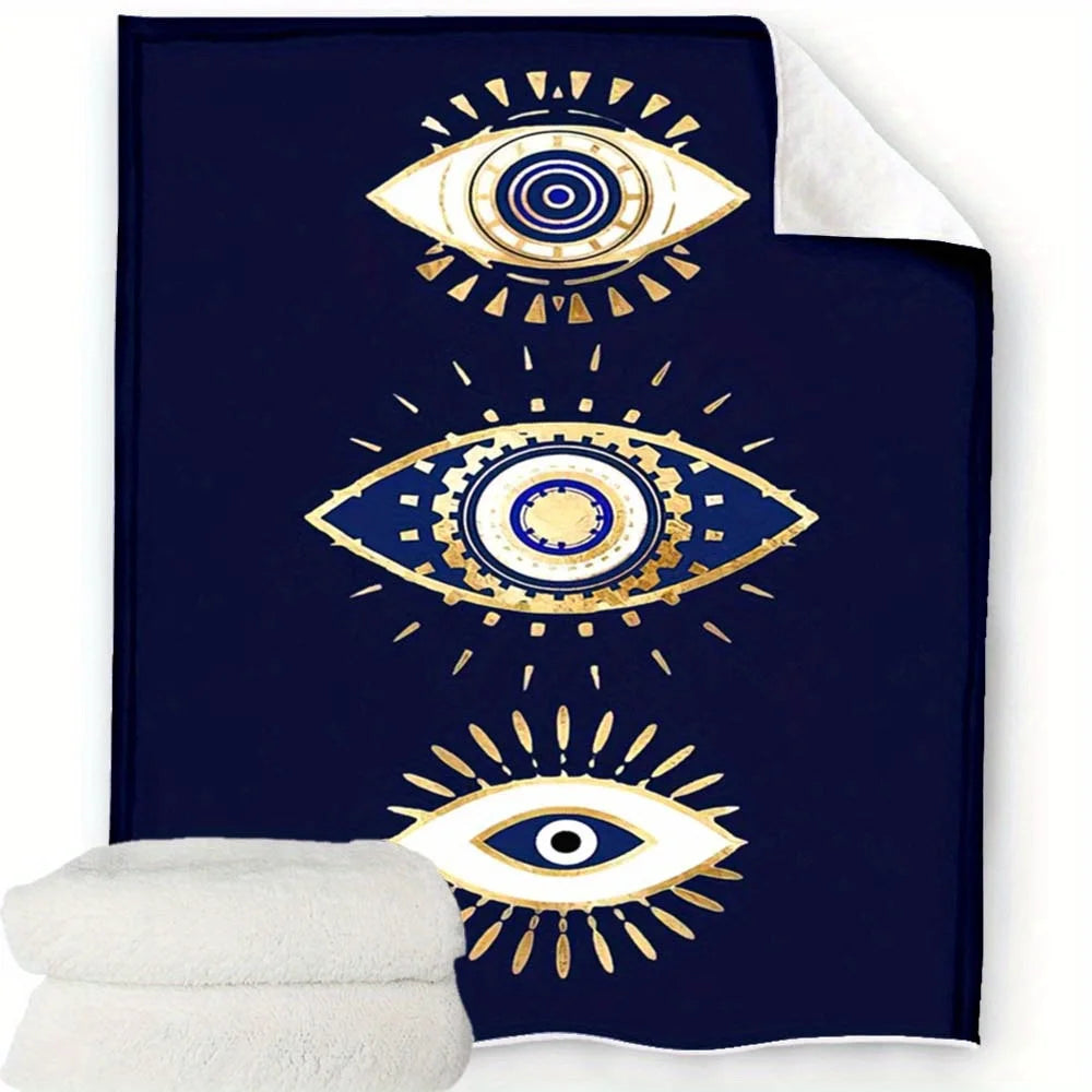 [Soft Polyester Flannel Blanket] Soft Polyester Flannel Evil Eyes Geometric Pattern Blanket - Machine Washable,