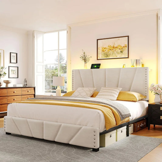 Queen Bed Frame With Velvet Headboard Led Lights Storage