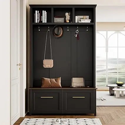 Hall Tree with Brown Wood Grain Storage Bench for Entryway, Mudroom Coat Rack with 6 Golden Hooks, 4-in-1 Hallway Coat Racks wit
