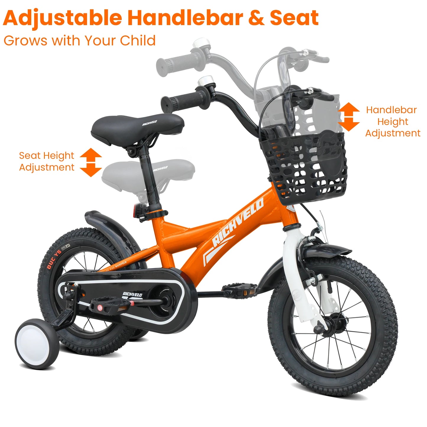 Kids Bicycle with Training Wheels. 12/14/16 Inch Adjustable Children’s Bike with Basket