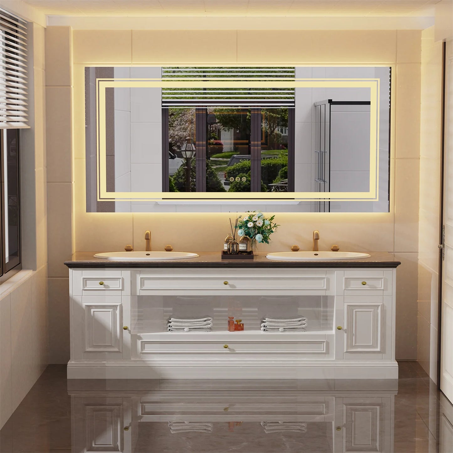 63" x 32" Extra Large LED Light Backlit Bathroom Mirror Dual Lights Makeup Anti-Fog Memory 3 Colors Dimmable With Touch Button