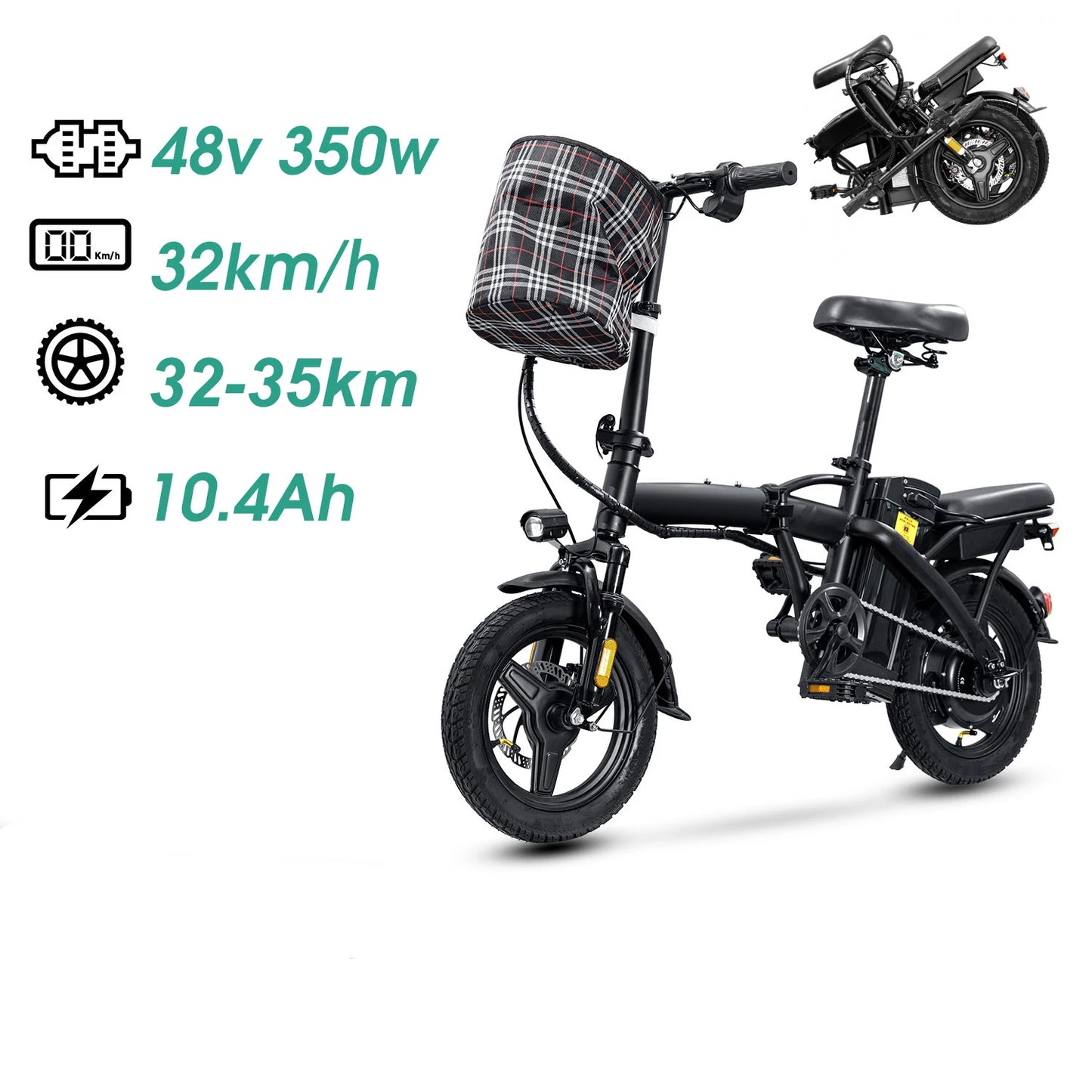 Folding Electric Bike for Adult With Basket 350W Foldable Electric Bicycle 48V 10.4AH Commuting Lightweight Cycling Escooter