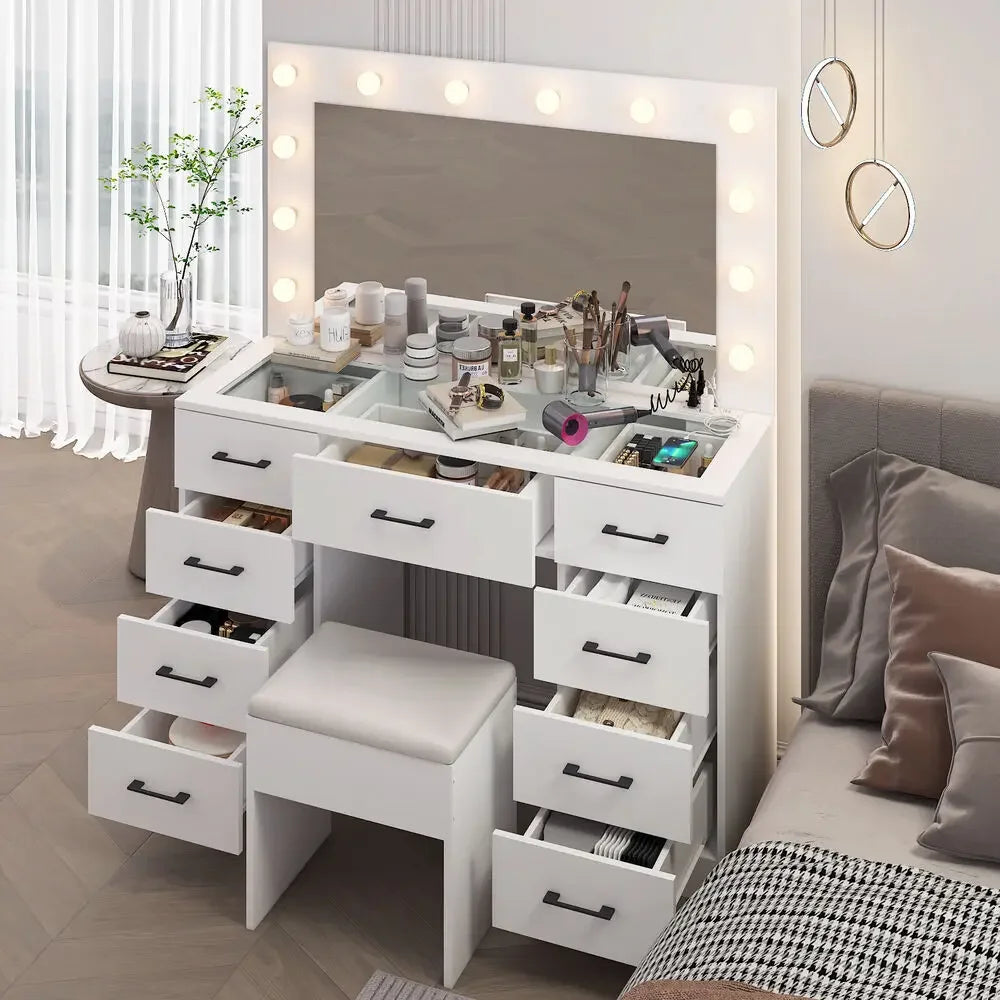 Makeup Vanity Desk Set Large LED Mirror with 9 Drawers Dresser & Power Outlet