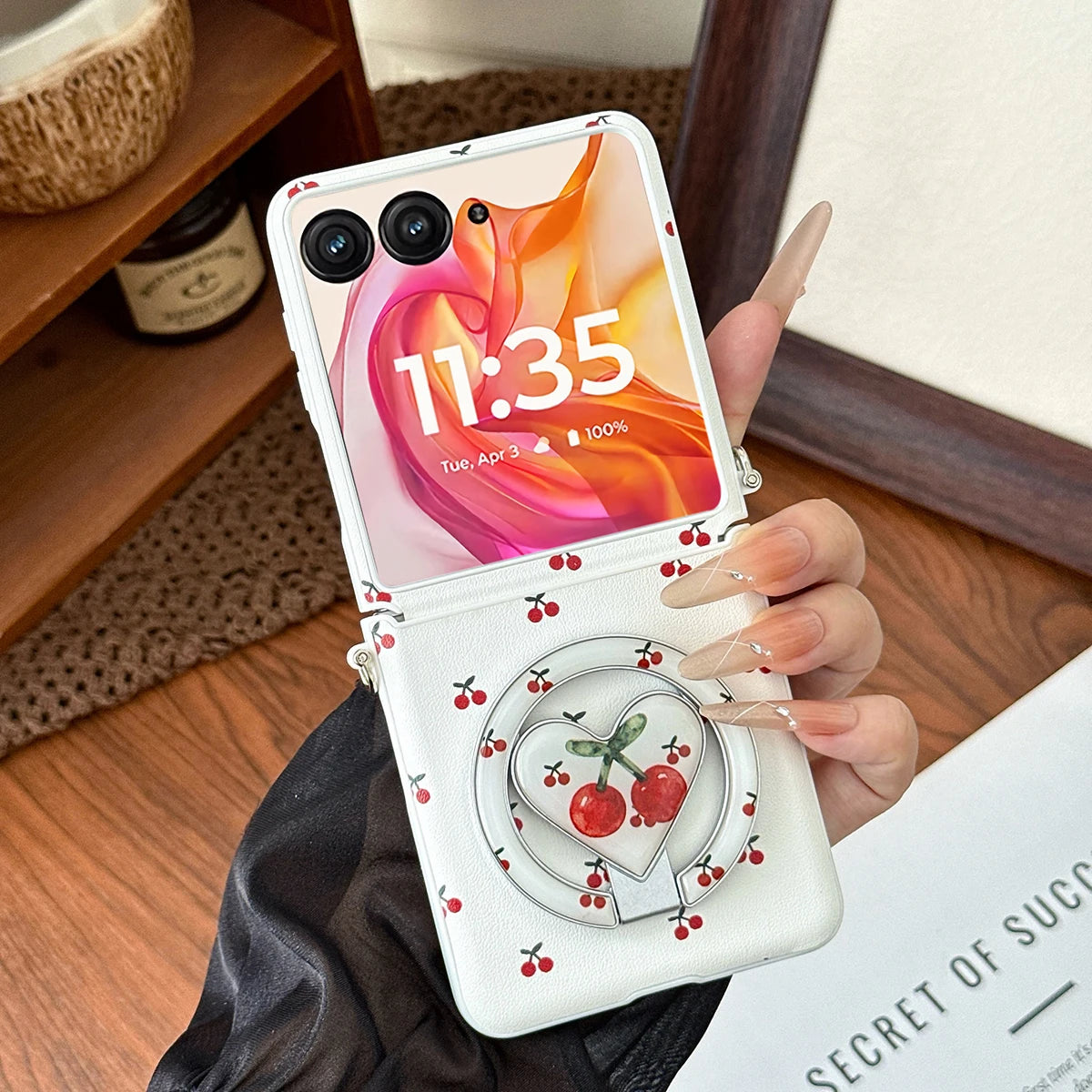 Cherry Print Magnetic Phone Case with Detachable Wrist Strap