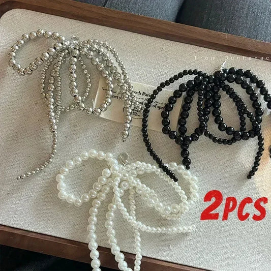 2Pcs Handmade Shoes Clip Double Layered Pearl Bead Bowknot Charm Shoe Buckle Decoration Bag Pendant Bow Key Chain Accessories