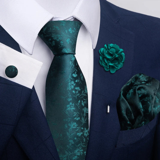Luxury Green Floral Men’s Necktie Set .Tie, Pocket Square & Cufflinks