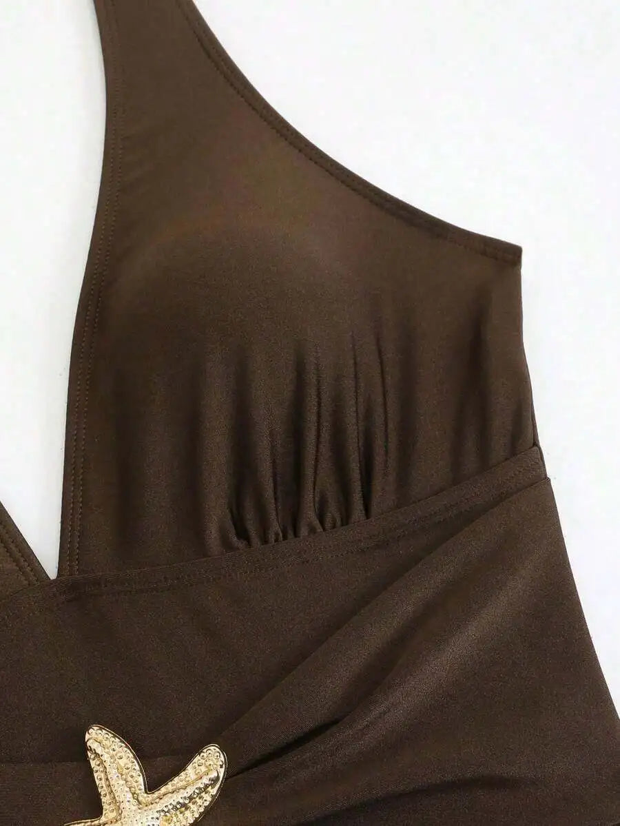 Women’s Brown Deep V-Neck Ruched One-Piece Swimsuit with Sheer Cover-Up | Beach & Resort Swimwear