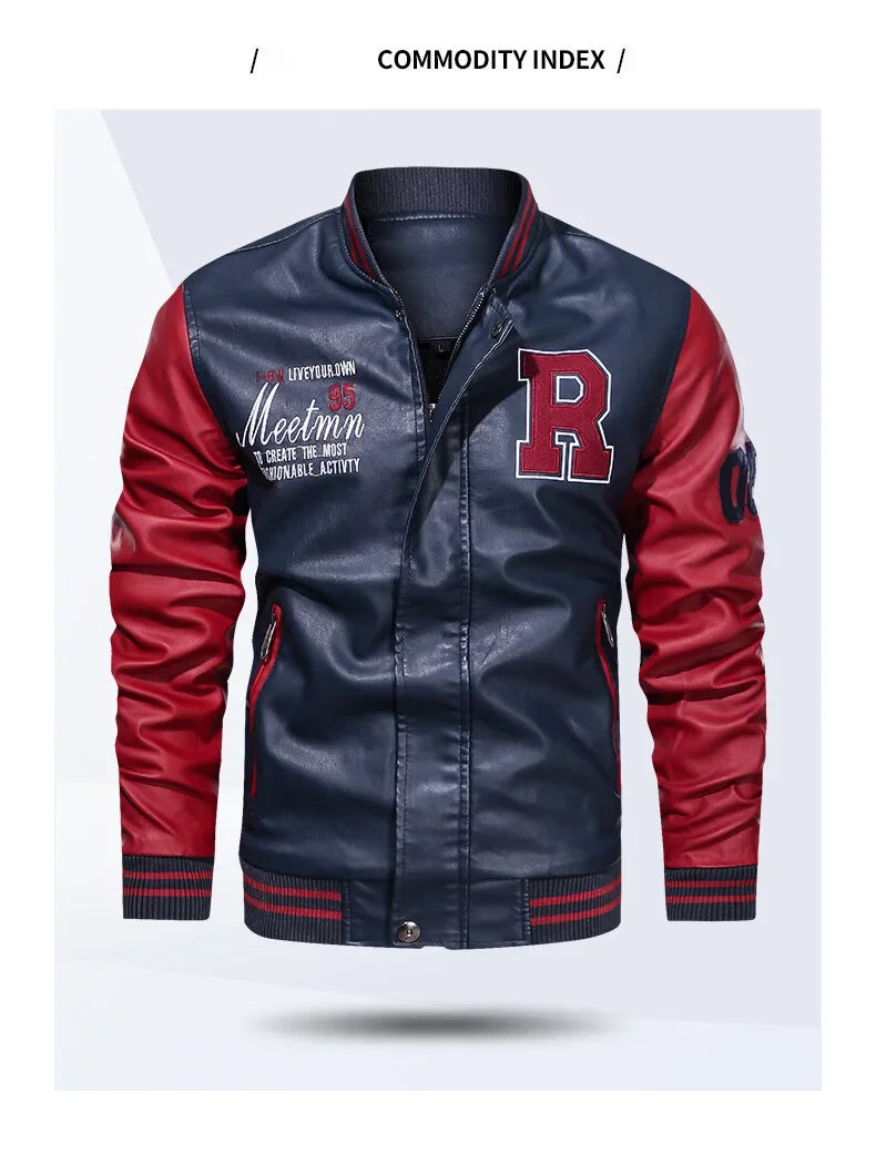 Spring and Autumn Men's Motorcycle Suit Leather jacket Color blocking American baseball collar pilot casual PU leather jacket