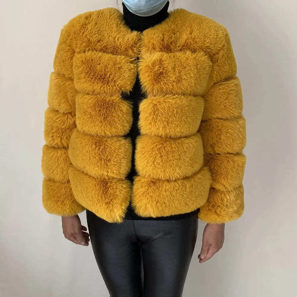 Women's Faux Fur Jacket . Plush Cropped Winter Coat with High Collar