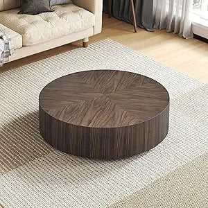 Round Coffee Table, Modern Black Side Table End Table for Living Room, Wood Circle Drum Coffee Table with Handcrafted Relief,