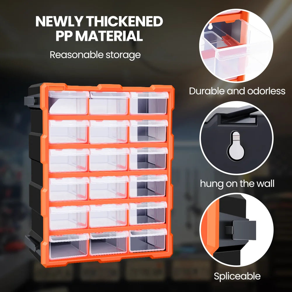 AIRAJ Multi-Drawer Storage Organizer - 18 Slots, Plastic Parts & Crafts Cabinet for Desk or Wall Mount, Ideal for Hardware, Bead