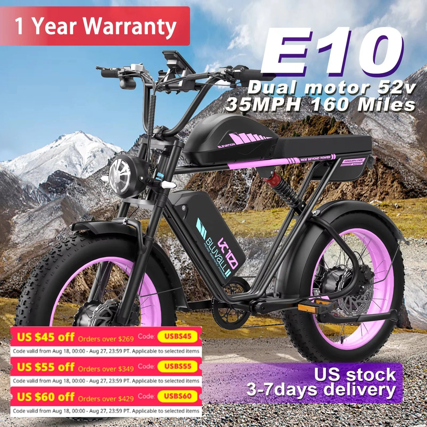 E10 Electric Bike 52V Dual Motors 35MPH Top Speed 160-Mile Range High-Capacity Battery Long-Distance Commuting for Adults