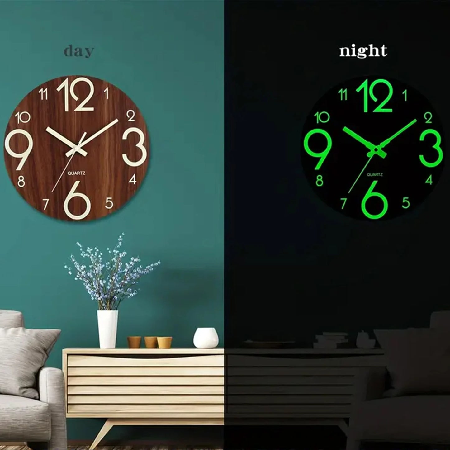 Glow in the Dark Silent Wooden Wall Clock
