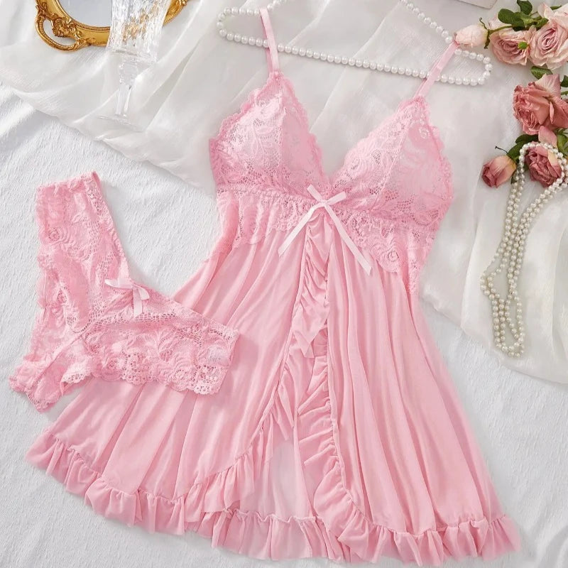 Women's Floral Lace Baby doll Lingerie Set. Sheer Nightdress with Matching Panties