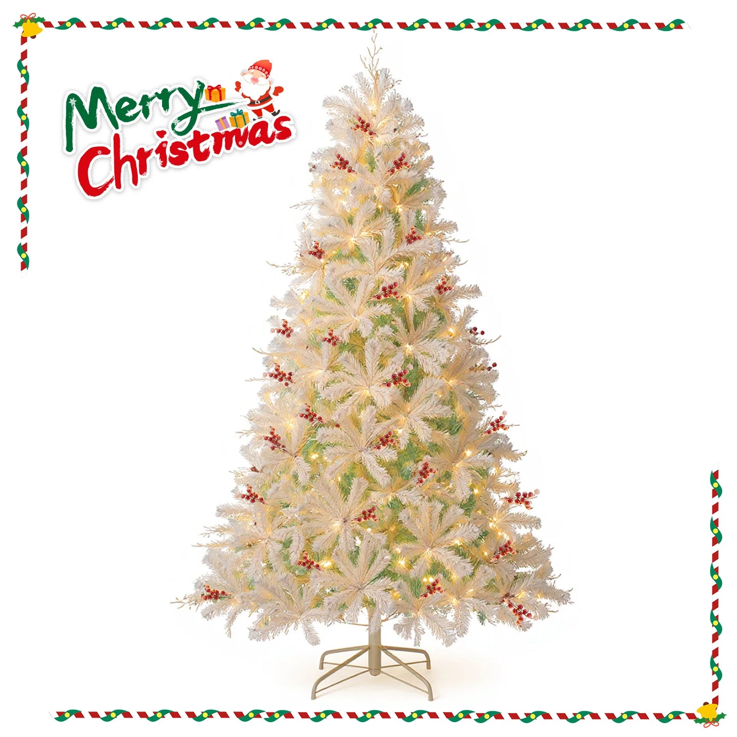 6FT–7FT Pre-Lit Snow Flocked Artificial Christmas Tree . Premium Holiday Tree with Warm White Lights  Description: