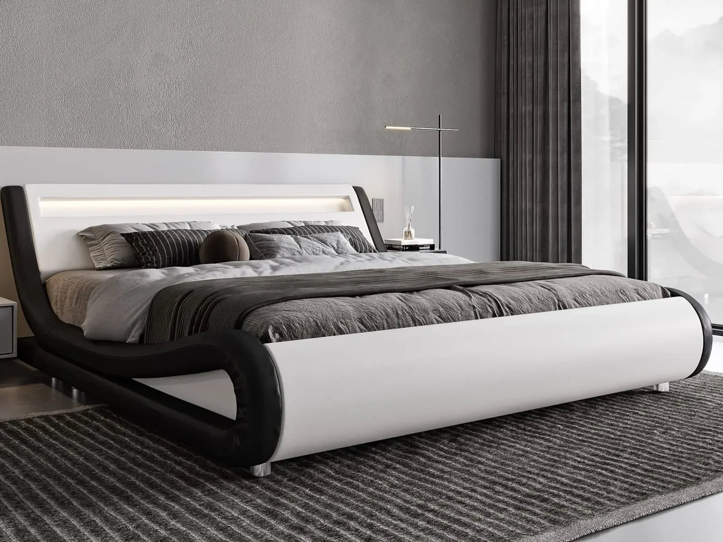 Queen Size Upholstered Platform Bed with Adjustable LED Headboard