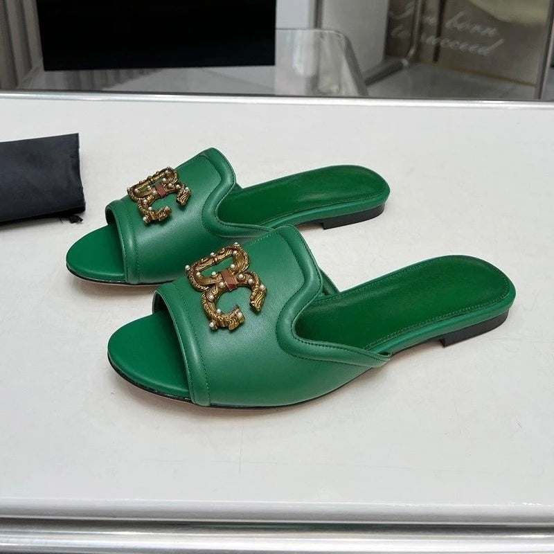 Women’s Genuine Leather Metal Accent Slide Sandals .Luxury European Style Slip-On Flats  Description:
