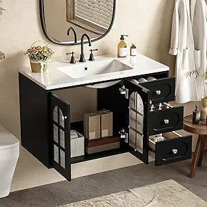 36 Inch Floating Wall Mounted Vanity With Ceramic Sink And Drawers