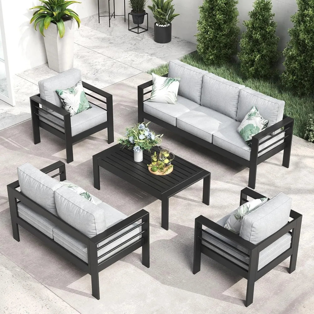 High quality-Outdoor Aluminum Furniture Set, 5 Pieces Patio Sectional Conversation Chat Sofa Modern Seating Set-Hot-Sell!