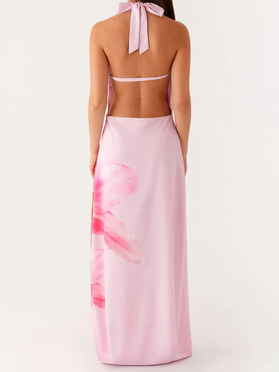 Elegant Floral Print Sleeveless Halterneck Maxi Dress with Open Back for Summer Wedding Guest or Beach Vacation