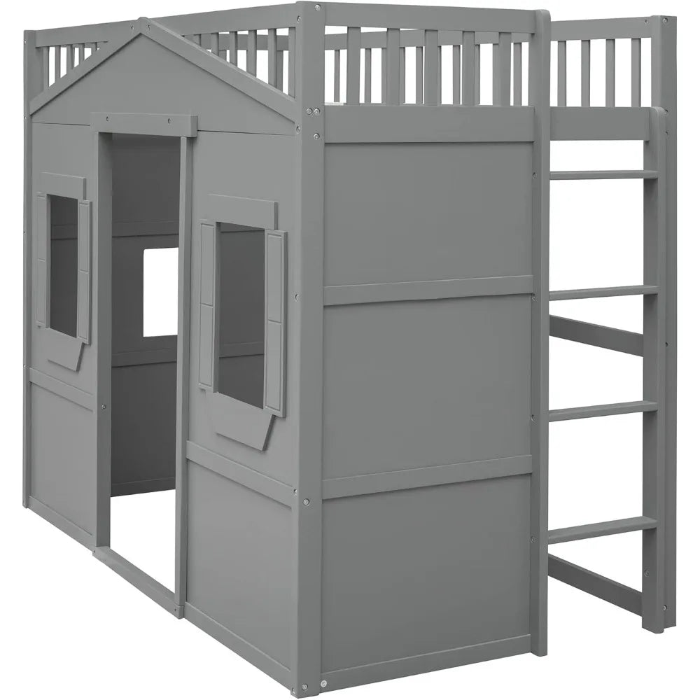 Twin Size Loft Bed with Play House Shape, Loft Bed Frame with Windows, Entertainment Space and Ladders for Kids, Boys, Girls and