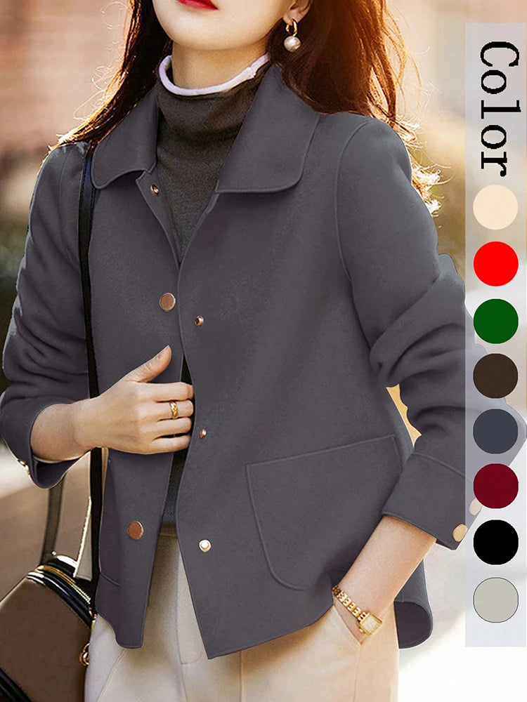 Women's Short Woolen Coat. Classic Button-Front Autumn & Winter Jacket