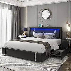 "contemporary rgb led-lit faux leather bed frame with storage drawers and smart platform design"