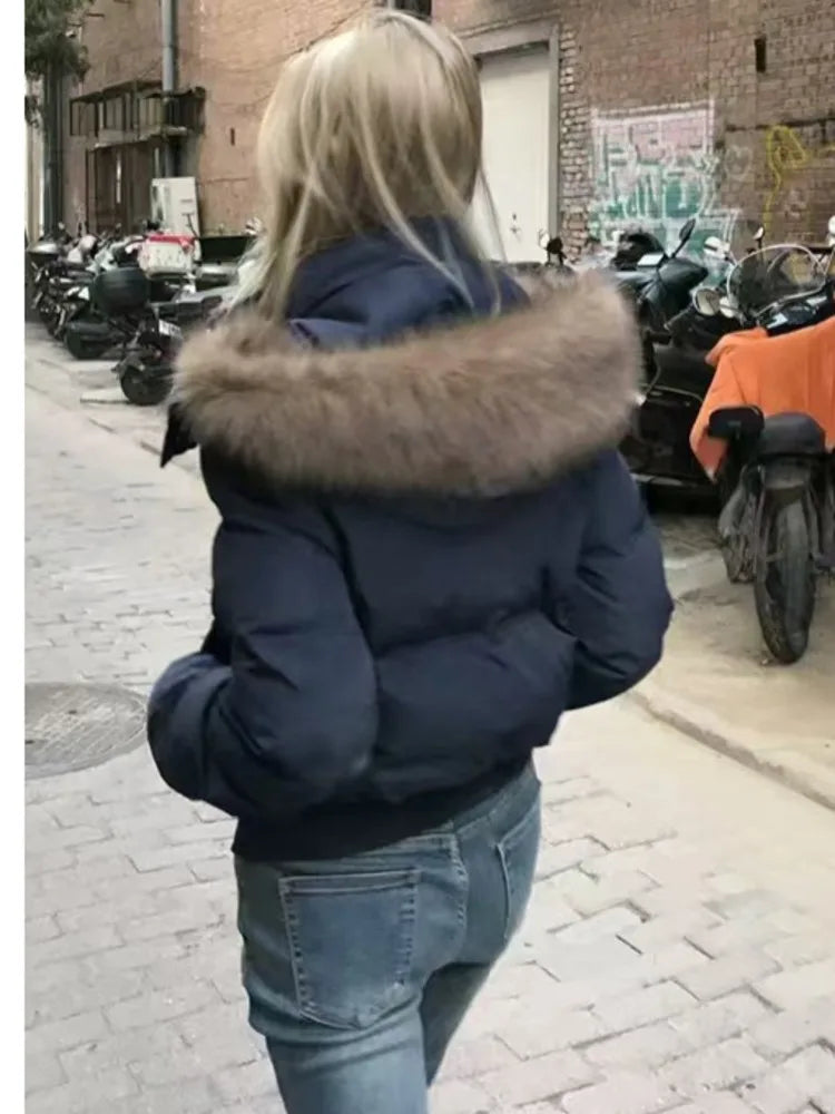 Women's Hooded Winter Puffer Jacket. Thick Padded Coat with Faux Fur Trim