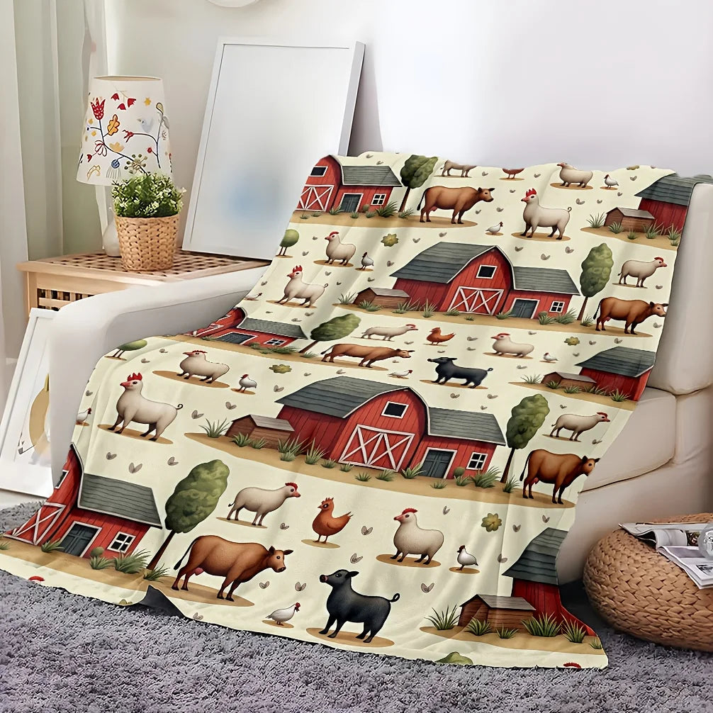 Farmhouse Country Animal Throw Blanket. Cozy Rustic Barn Print Flannel Blanket