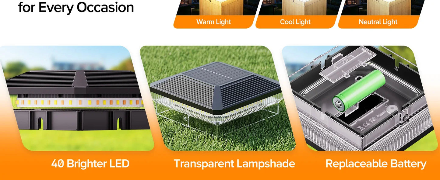6/12 Pack Solar Fence Post Cap Lights | Waterproof LED Outdoor Deck, Patio & Garden Post Lights with 3 Lighting Modes