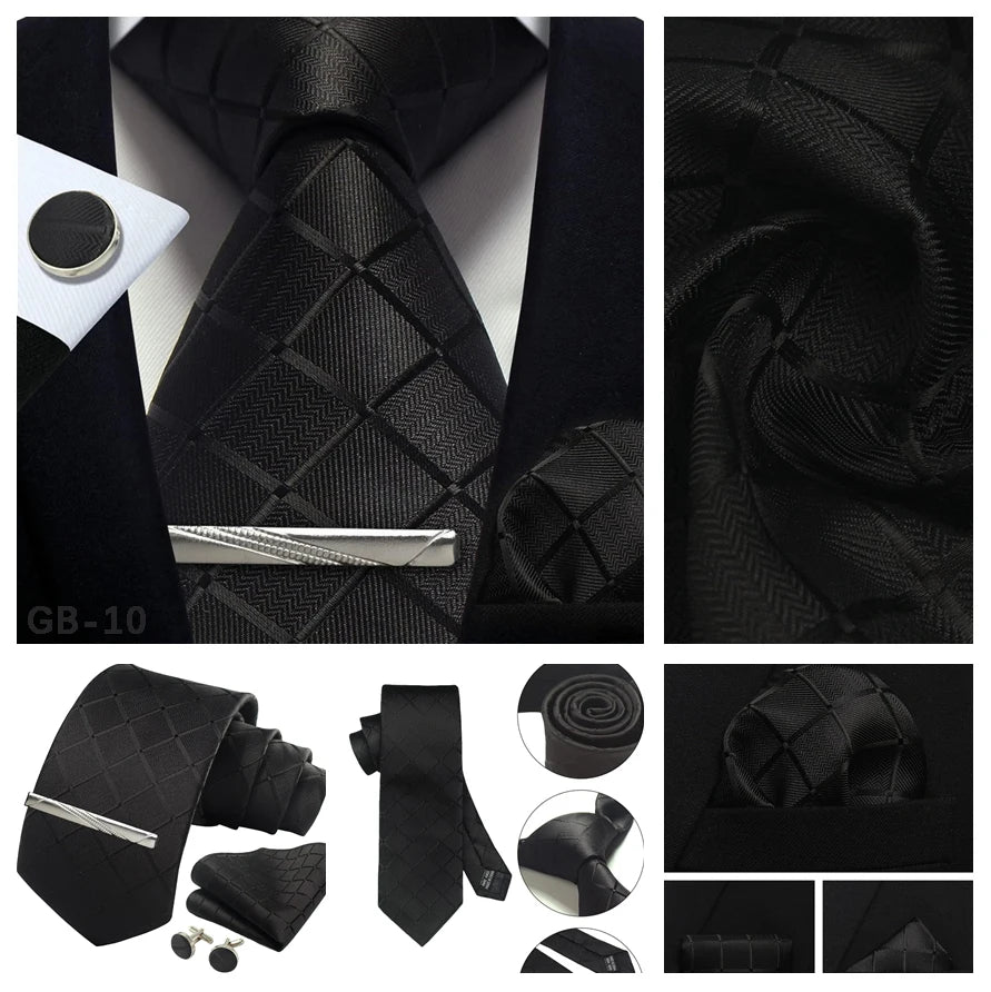 100% Silk Plaid & Checkered Men’s Tie Set with Pocket Square, Tie Clip & Cufflinks. Business & Wedding Necktie Gift Set  Optimized Description