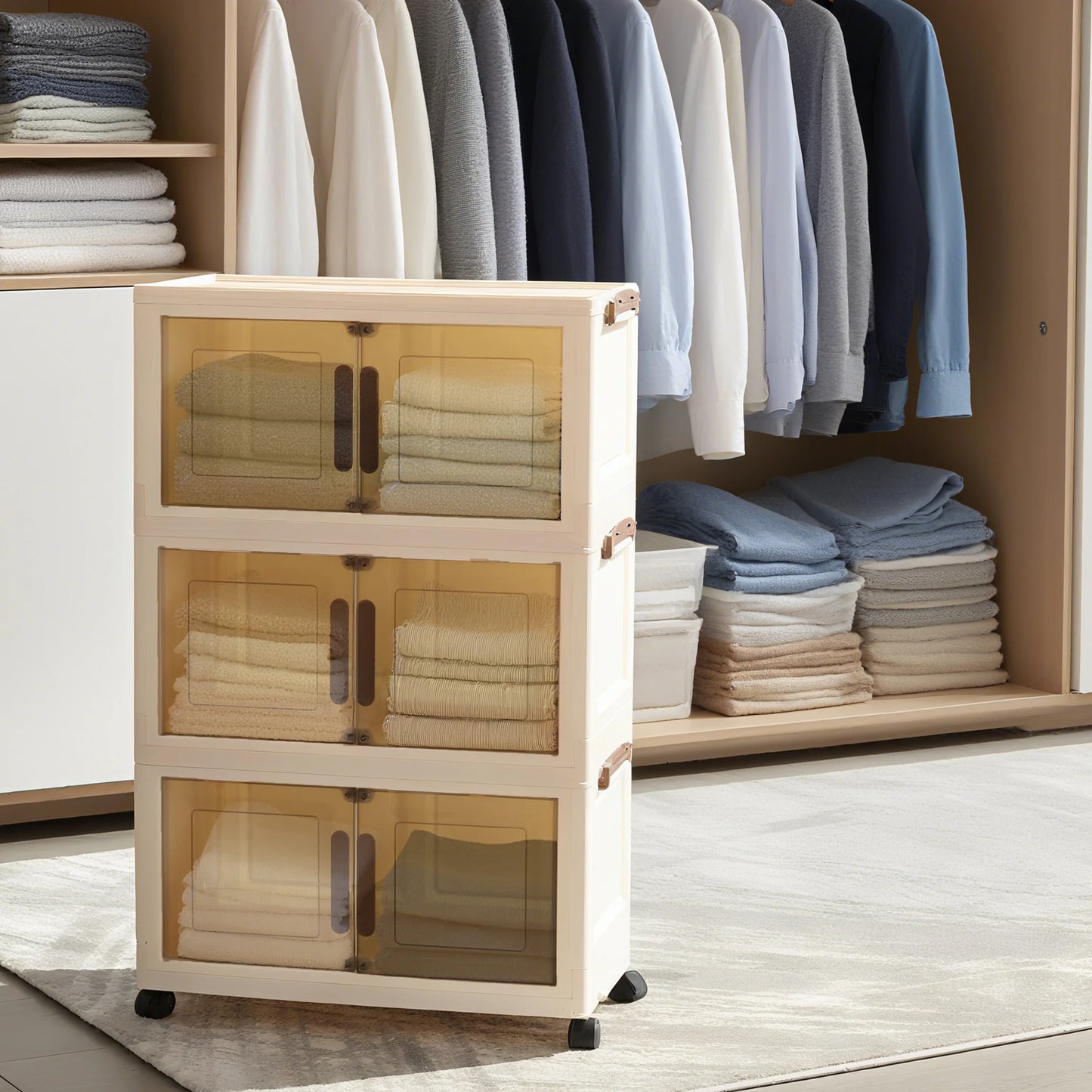 Foldable storage cabinet with stackable storage box, transparent magnetic door + universal wheels + stackable design