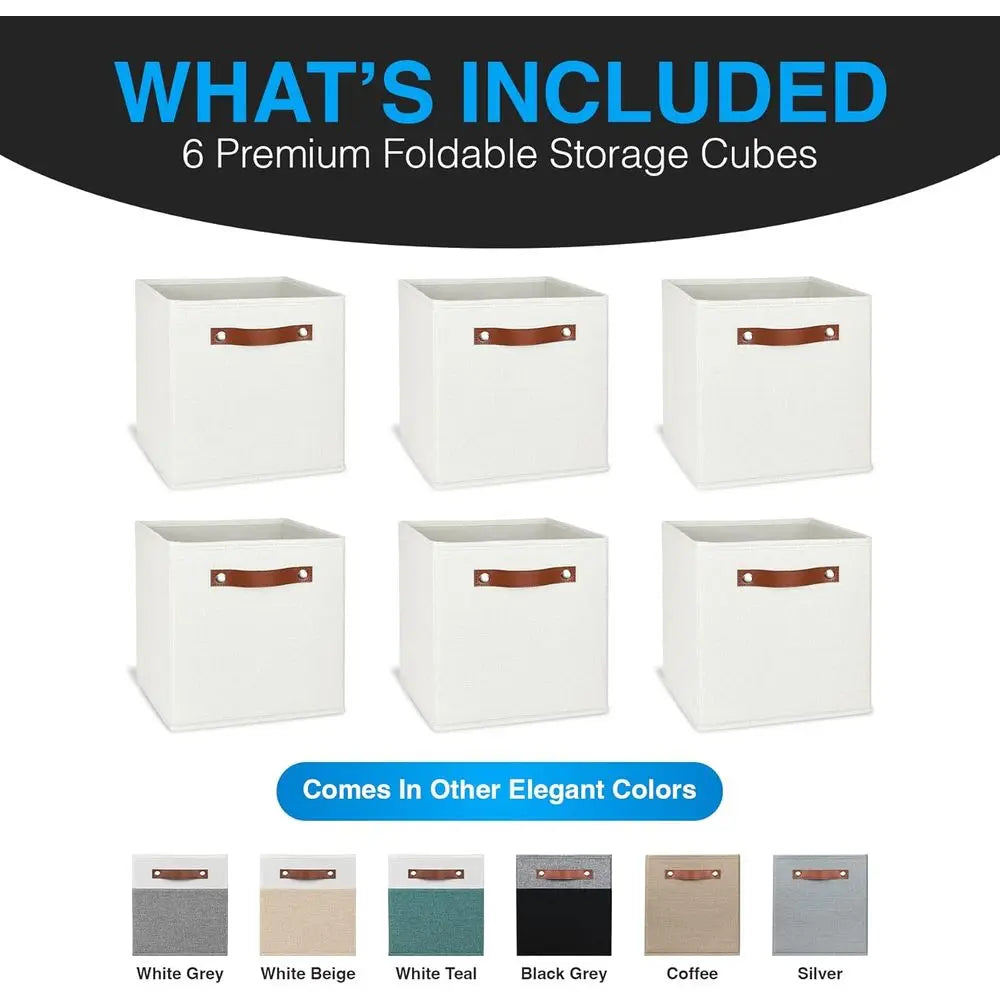 13x13 Storage Cubes .6 Pack Foldable Linen Fabric Storage Bins with Handles for Closet, Shelves & Home Organization