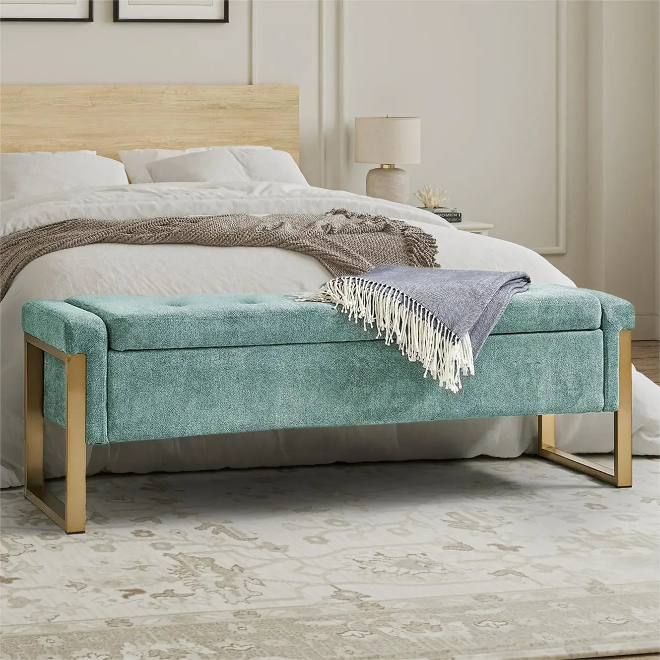 Modern Storage Ottoman Bedroom Bench, End of Bed Bench with Gold Metal Legs, Upholstered Footrest Stool for Living, Dining Room
