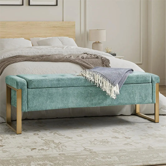 Modern Storage Ottoman Bedroom Bench, End of Bed Bench with Gold Metal Legs, Upholstered Footrest Stool for Living, Dining Room