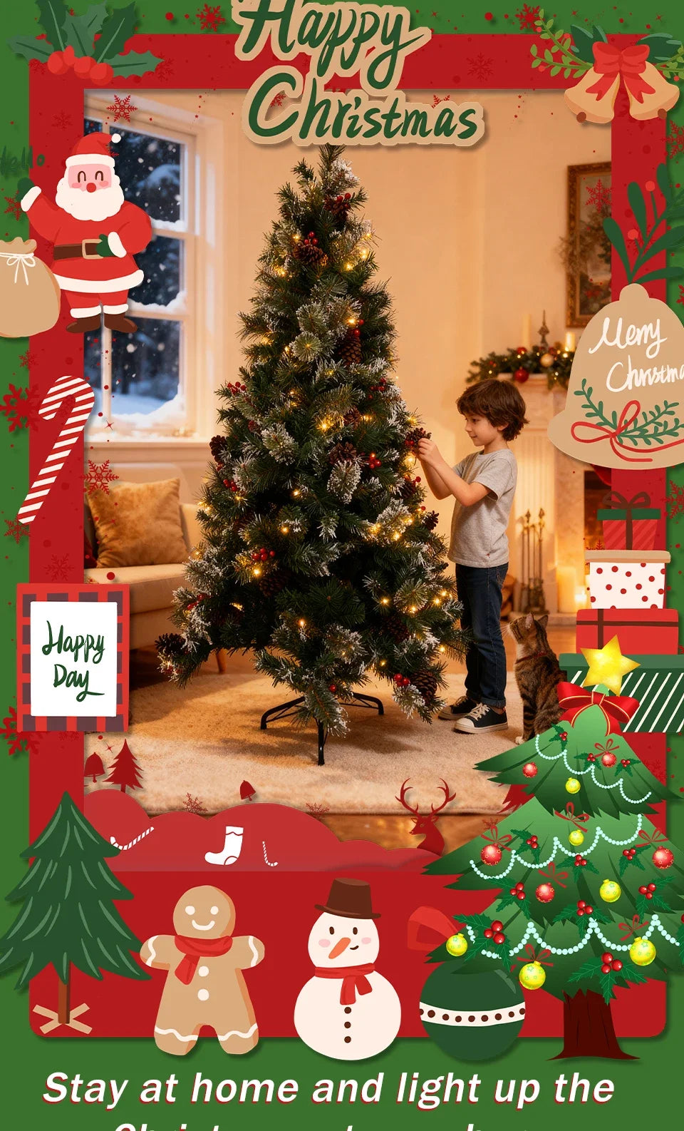 7FT Full Artificial Christmas Tree with 1,150 Tips, Pine Cones & Berries . Premium Holiday Tree with Natural Rustic Charm