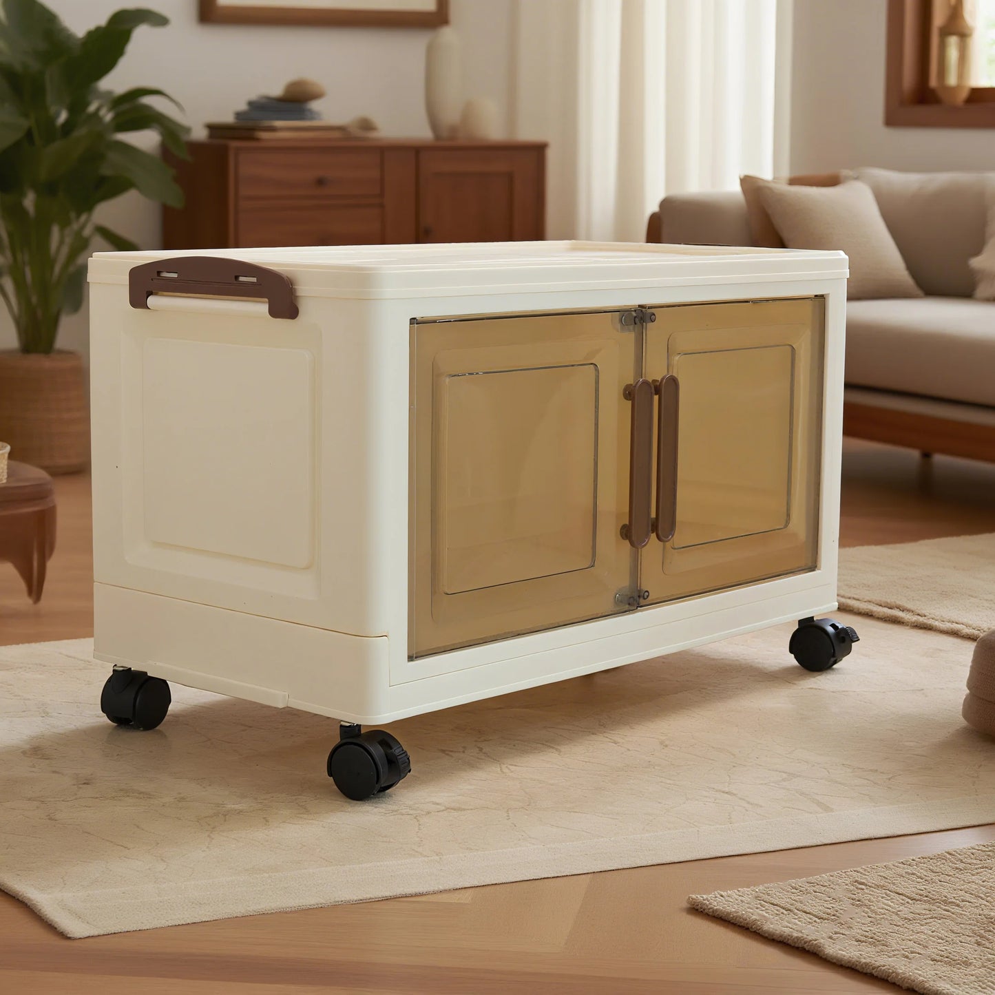 Foldable storage cabinet with stackable storage box, transparent magnetic door + universal wheels + stackable design