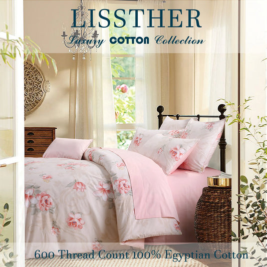 3pcs 600TC 100% Egyptian Cotton Duvet Cover Set, Pink Blooming Rose Pattern, Soft Skin-Friendly (No Inserts)