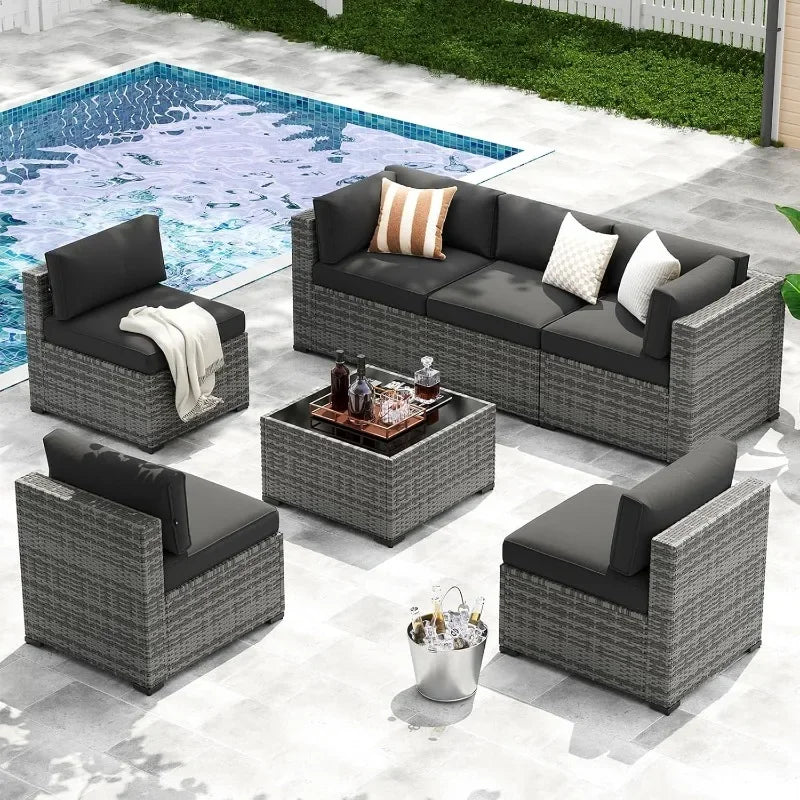 Lazy Sunsets 7 Piece Outdoor Wicker Patio Furniture Set with Cushioned Sectional Seating