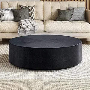 Round Coffee Table, Modern Black Side Table End Table for Living Room, Wood Circle Drum Coffee Table with Handcrafted Relief,