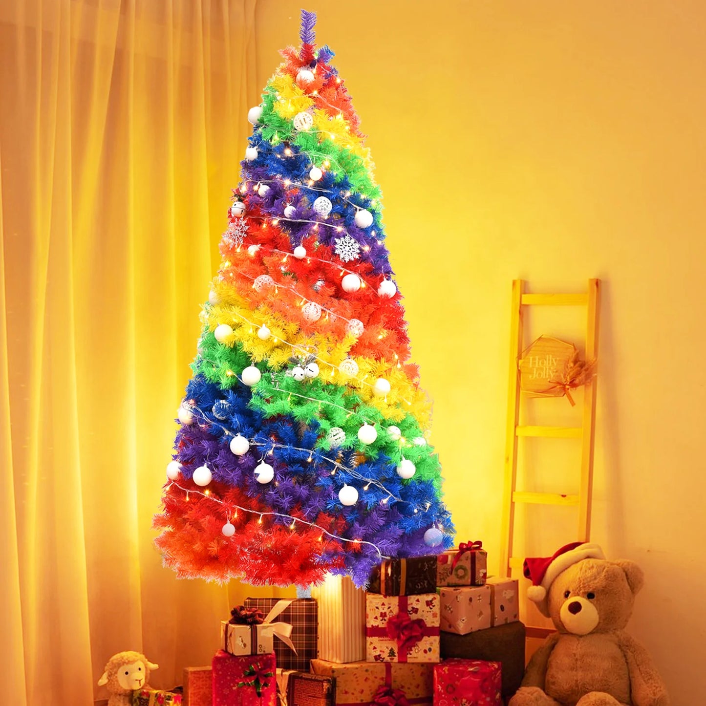 7FT Rainbow Artificial Christmas Tree . Vibrant Full Pine Holiday Tree for Festive Home Décor