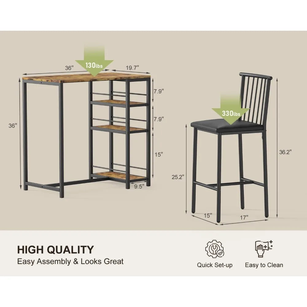 Dining Table Set for 2 with 3 Storage Shelves, Kitchen Table and Chairs for 2 with Pu Cushion Chairs & Thick Wood Top