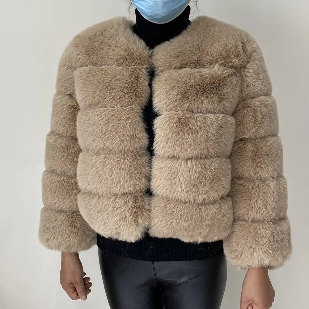 Women's Faux Fur Jacket . Plush Cropped Winter Coat with High Collar