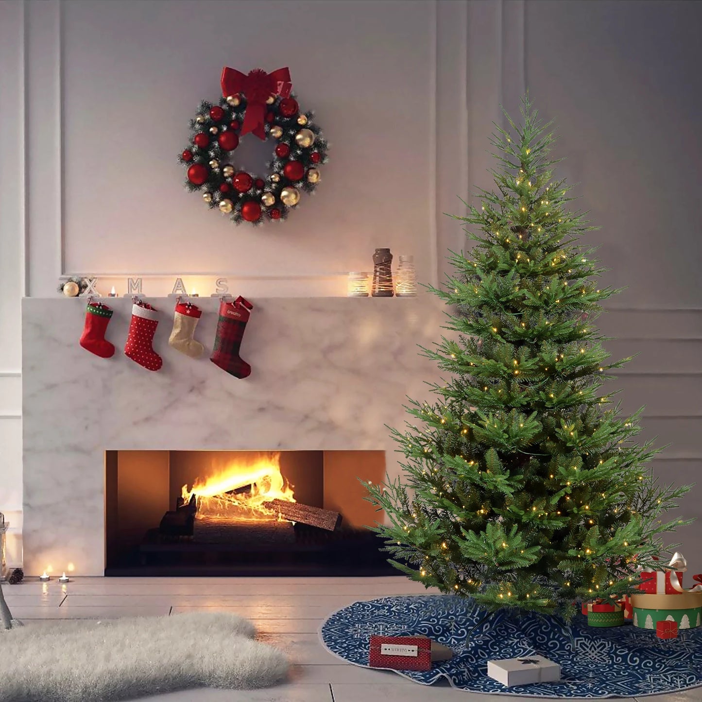 7ft Premium Pre-Lit Christmas Tree with 450 LED Lights . Realistic Full Pine Design for Home & Holiday Décor