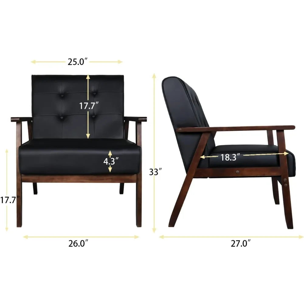 Leather Sofa Couch Set 2 Accent Chairs & 1Loveseat Black Faux Leather Loveseats Mid Century Modern Office Couch for Small Space