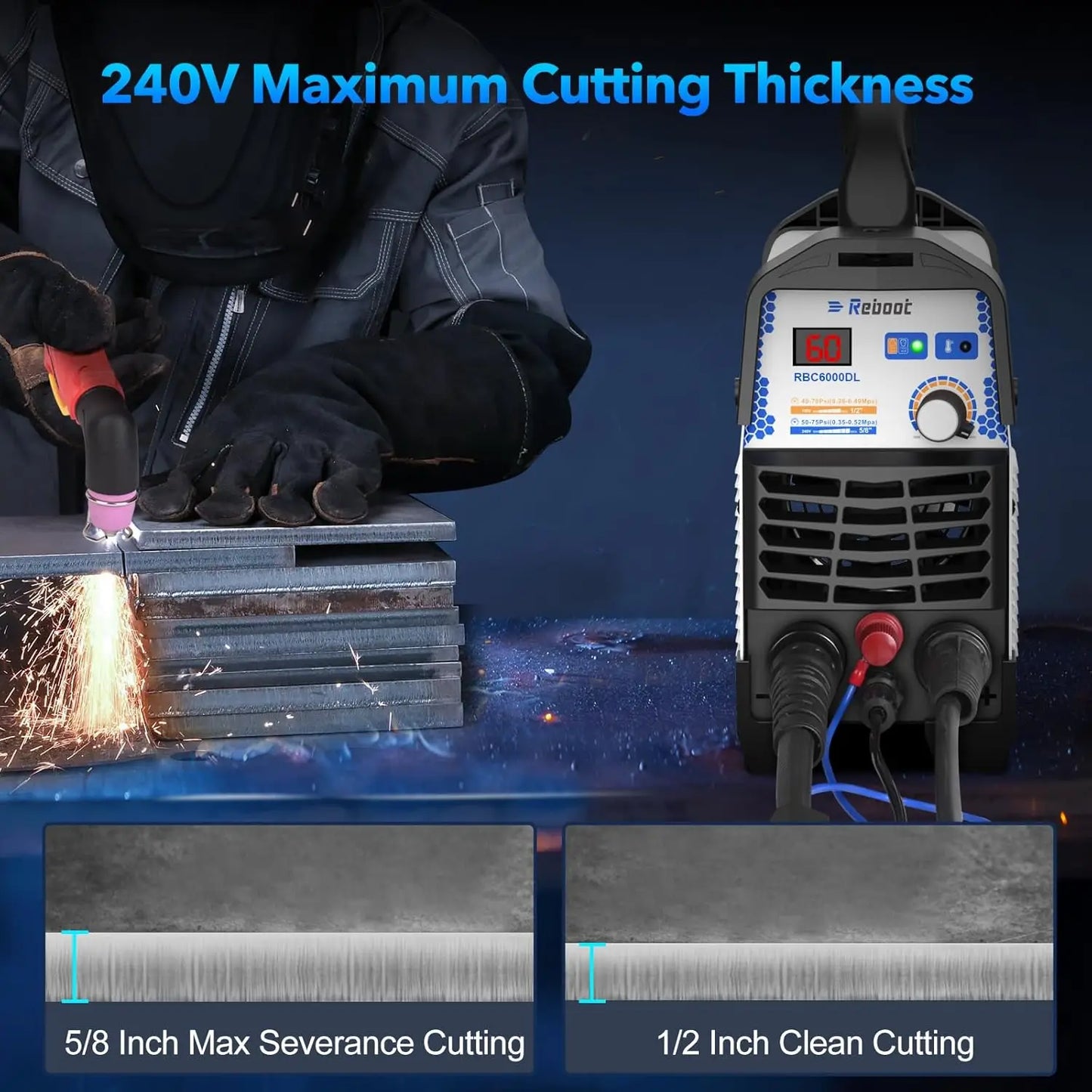 Reboot Plasma Cutter 60 Amp Pilot Arc Cutting Machine Non-Touch 1/2 inch (12mm) Clean Cut 3/4 inch (19mm) Severance Cut 110/220V