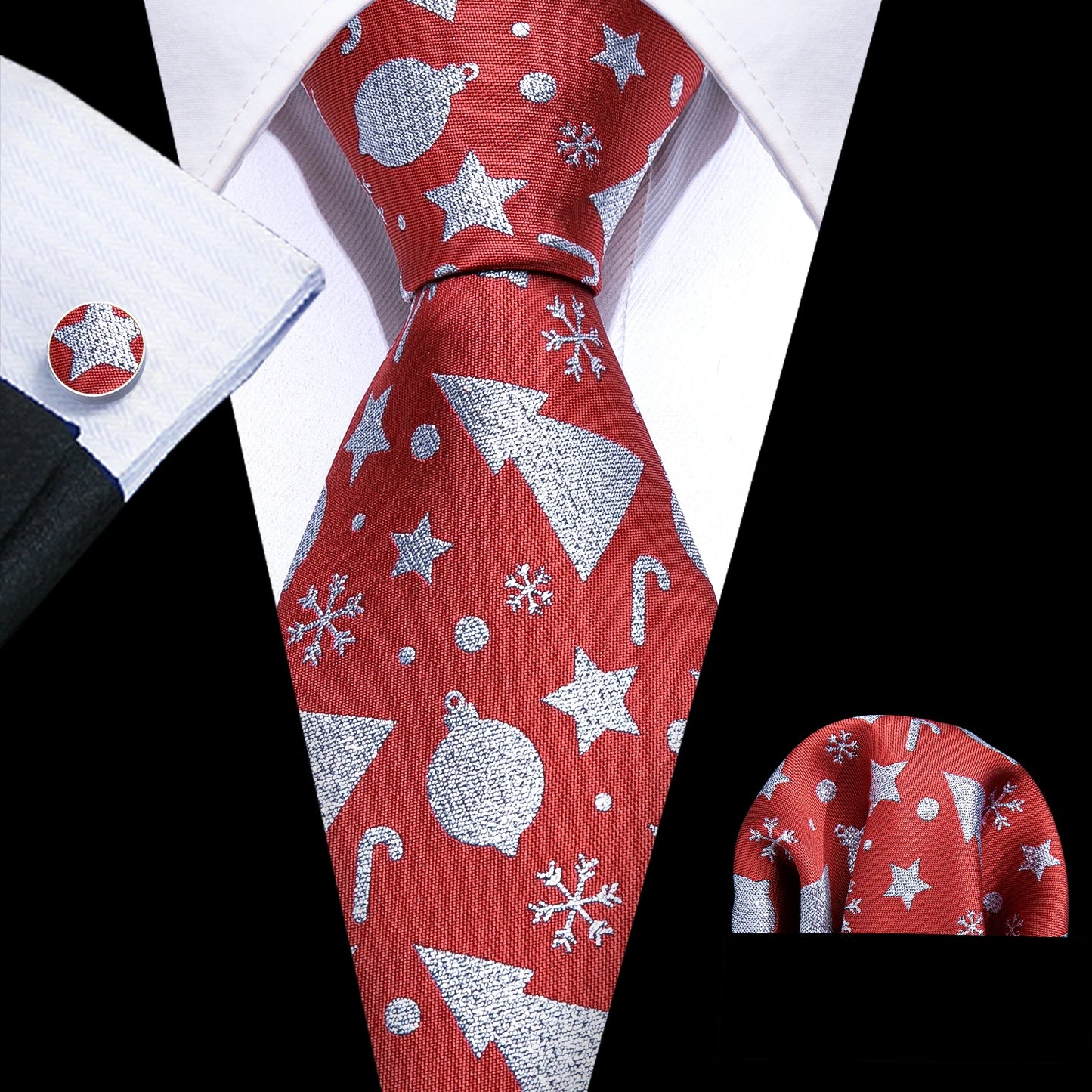 Men’s Luxury Dinosaur Necktie Set . Navy Blue Silk Tie, Pocket Square & Cufflinks for Business, Weddings & Special Events