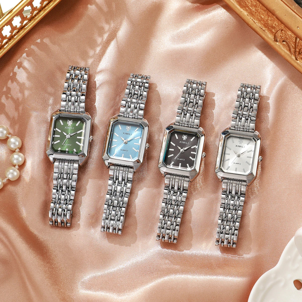 Elegant Women’s Rectangular Quartz Watch. Stainless Steel Bracelet Fashion Timepiece